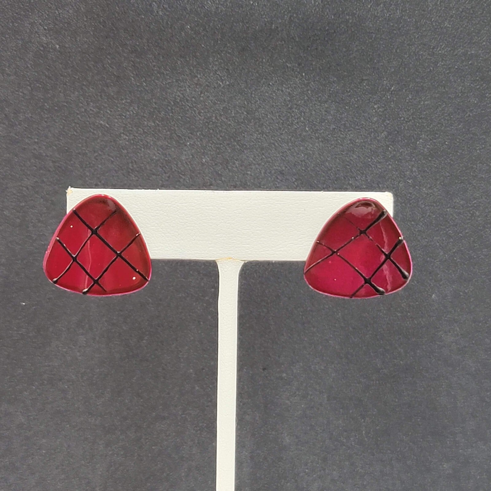 Vintage Pierced Earrings Burgundy Red Black Enamel over Metal Triangle Drop 3/4"