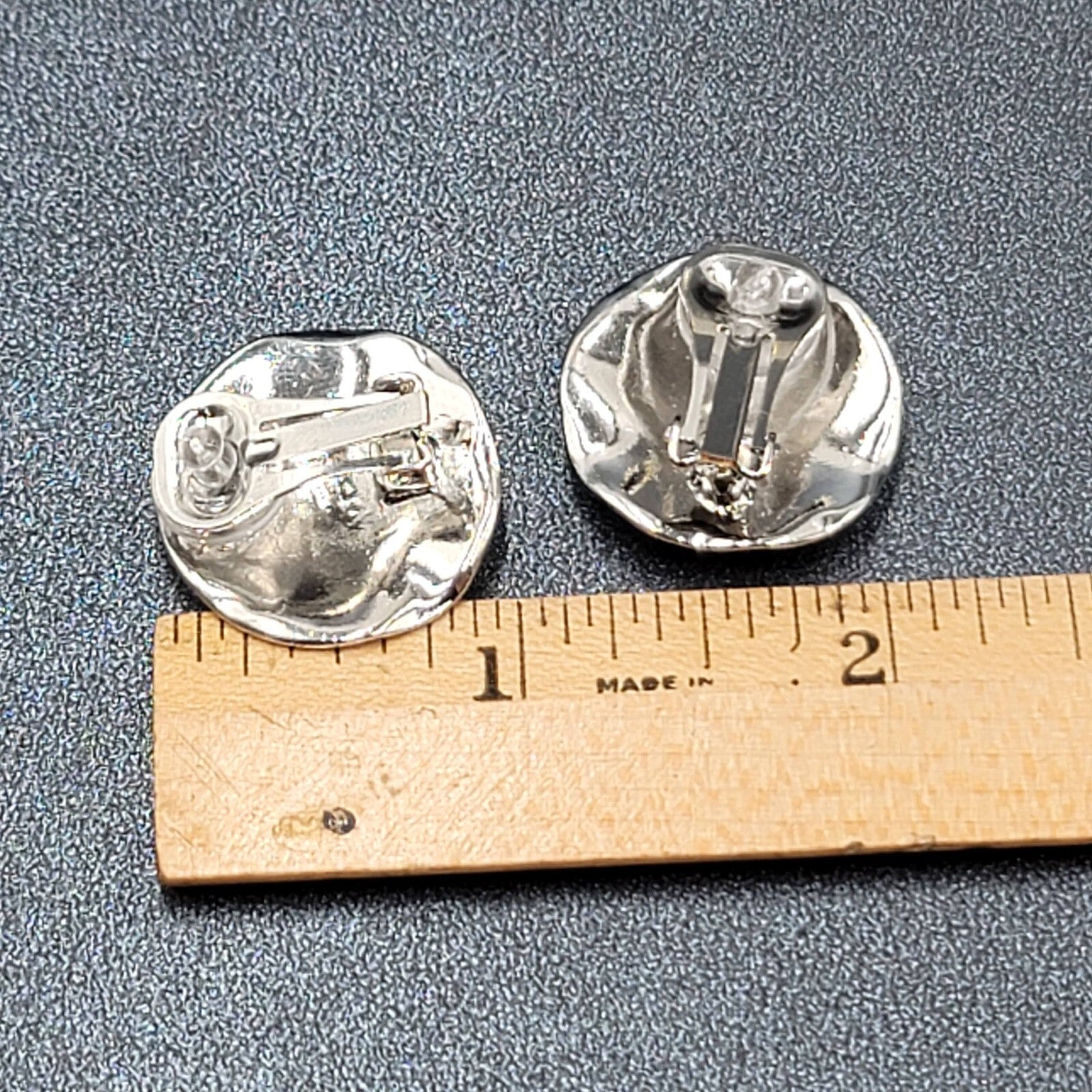 Vintage Clip on Earrings Polished Silver Plated Purple Enamel Round 1"