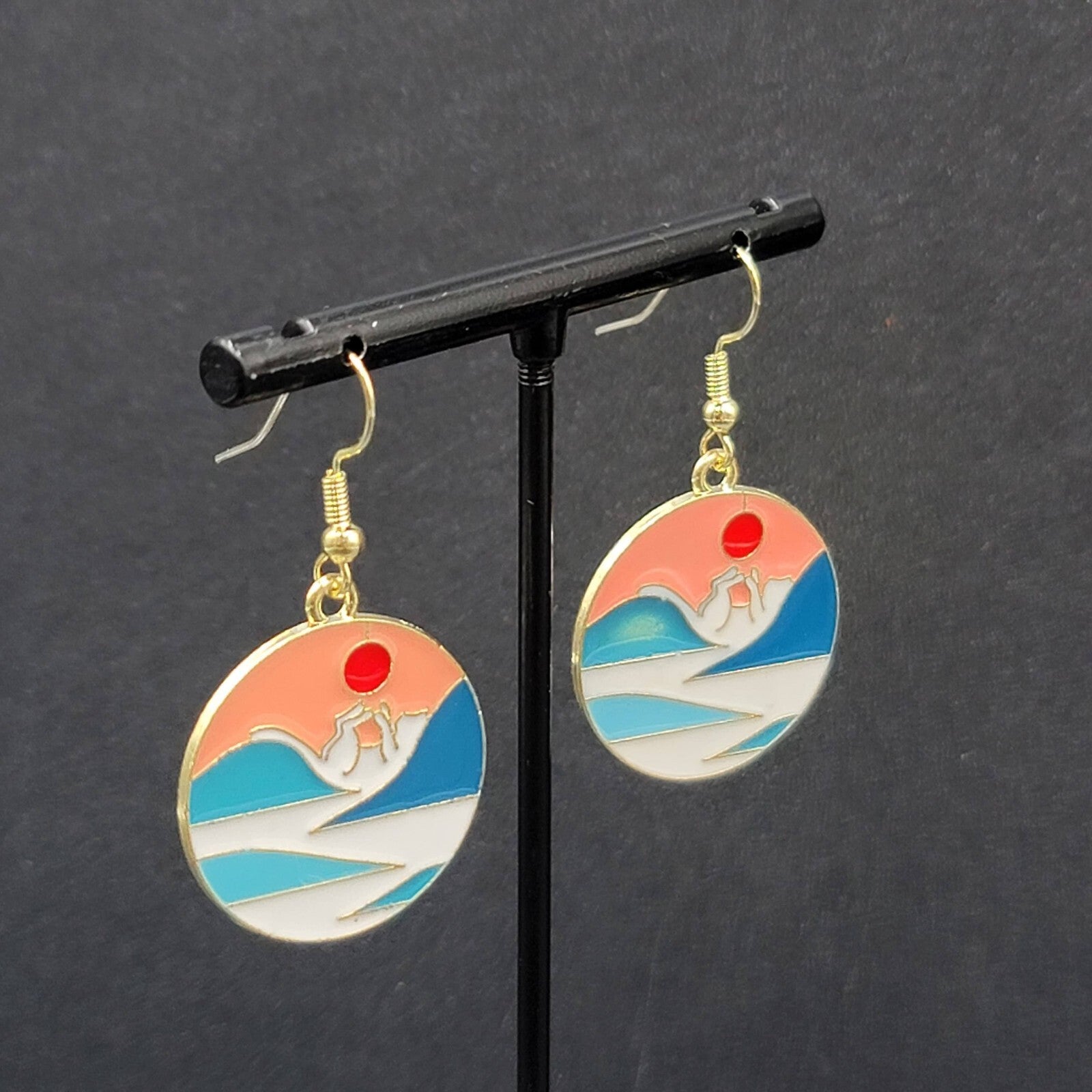 Kitty Cat Playing w Sun Pierced Earrings Japanese Style Art Gold tone Dangle 1"