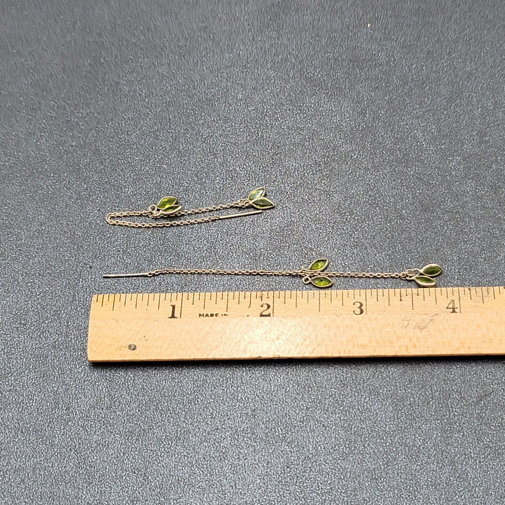 Pierced Earrings Silver tone Green Crystal Stone Threaders 4"