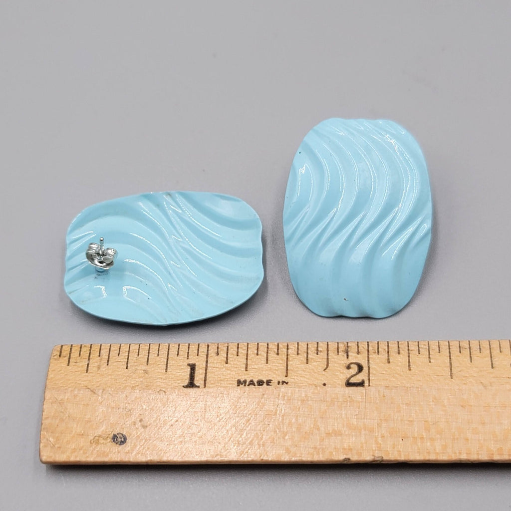 Vintage Pierced Earrings Light Blue Enamel Wavy Rectangle 1.25"