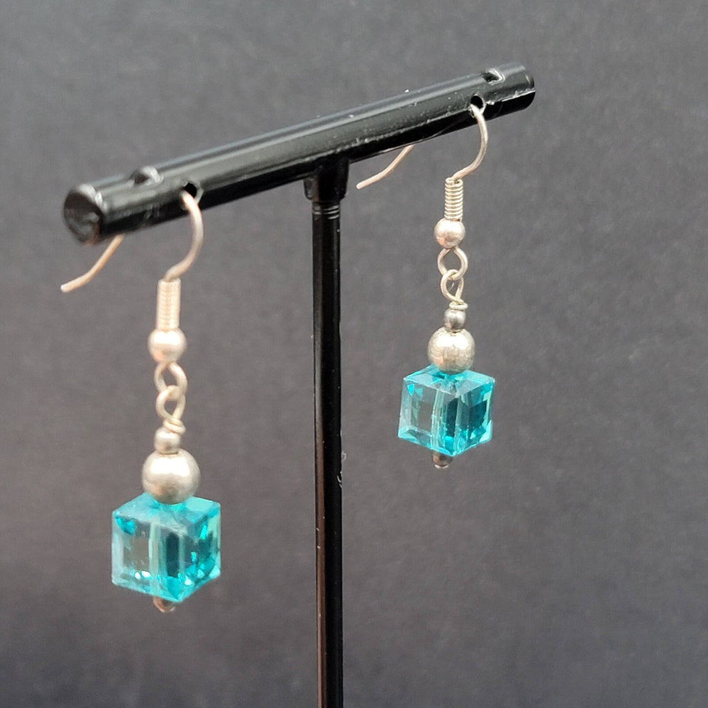 Pierced Earrings Silver tone Square Blue Crystal Bead Dangle 7/8"