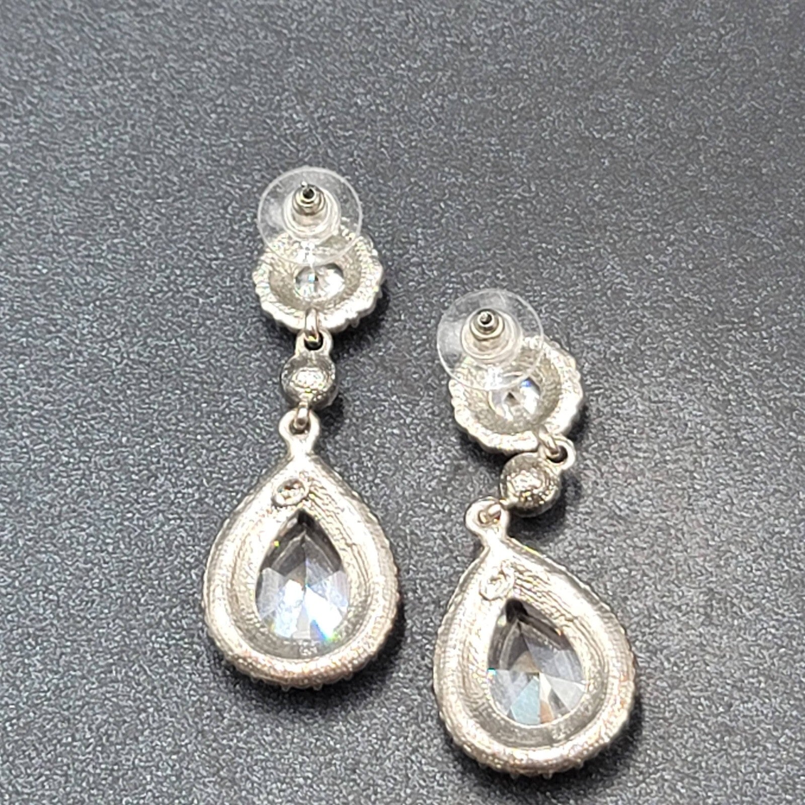 Pierced Earrings Silver tone Large Rhinestone Signed Wedding Prom Well Made 2"