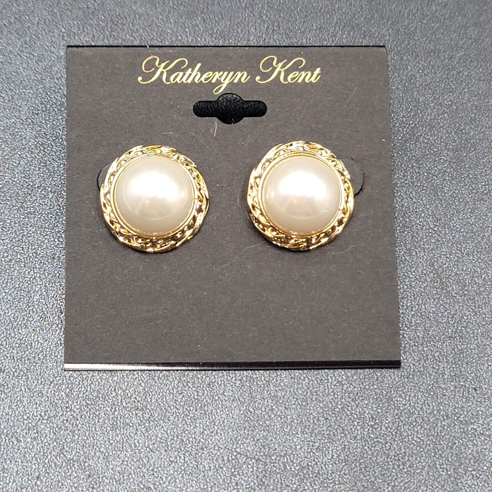 Katheryn Kent Pierced Earrings Gold tone Domed White Studs NOS 3/4"
