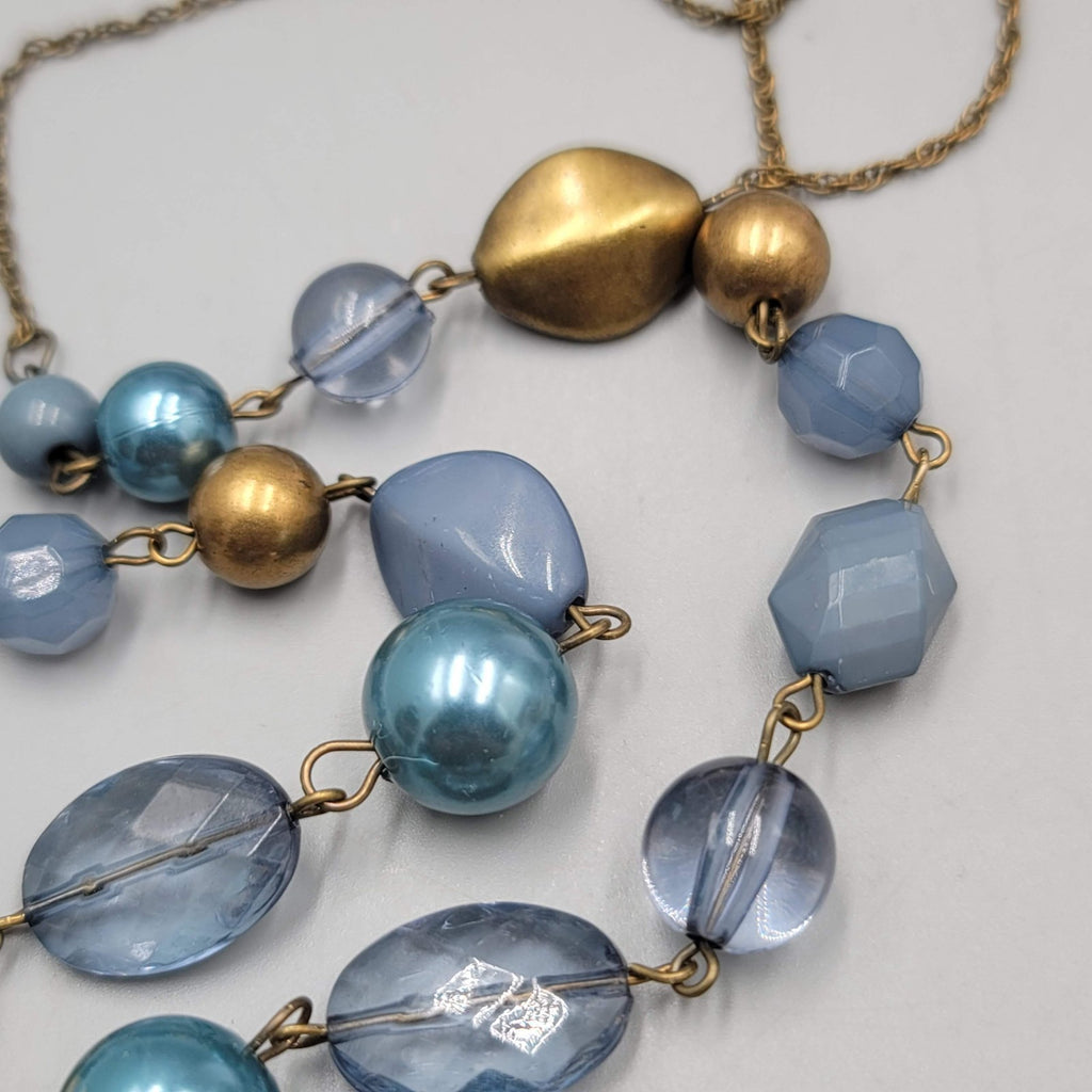 Blue Bead Necklace Bronze tone Chain 36" Long