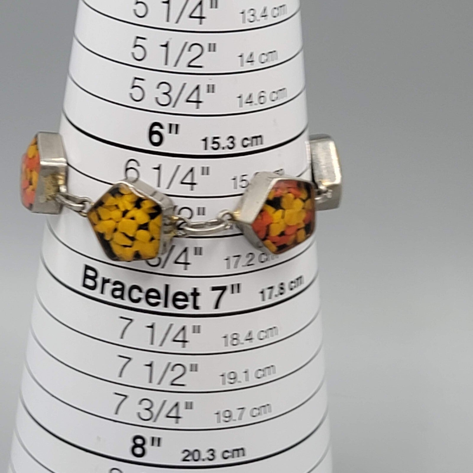 Confetti Resin Lucite Panel Bracelet Silver tone Orange Yellow 6.5"
