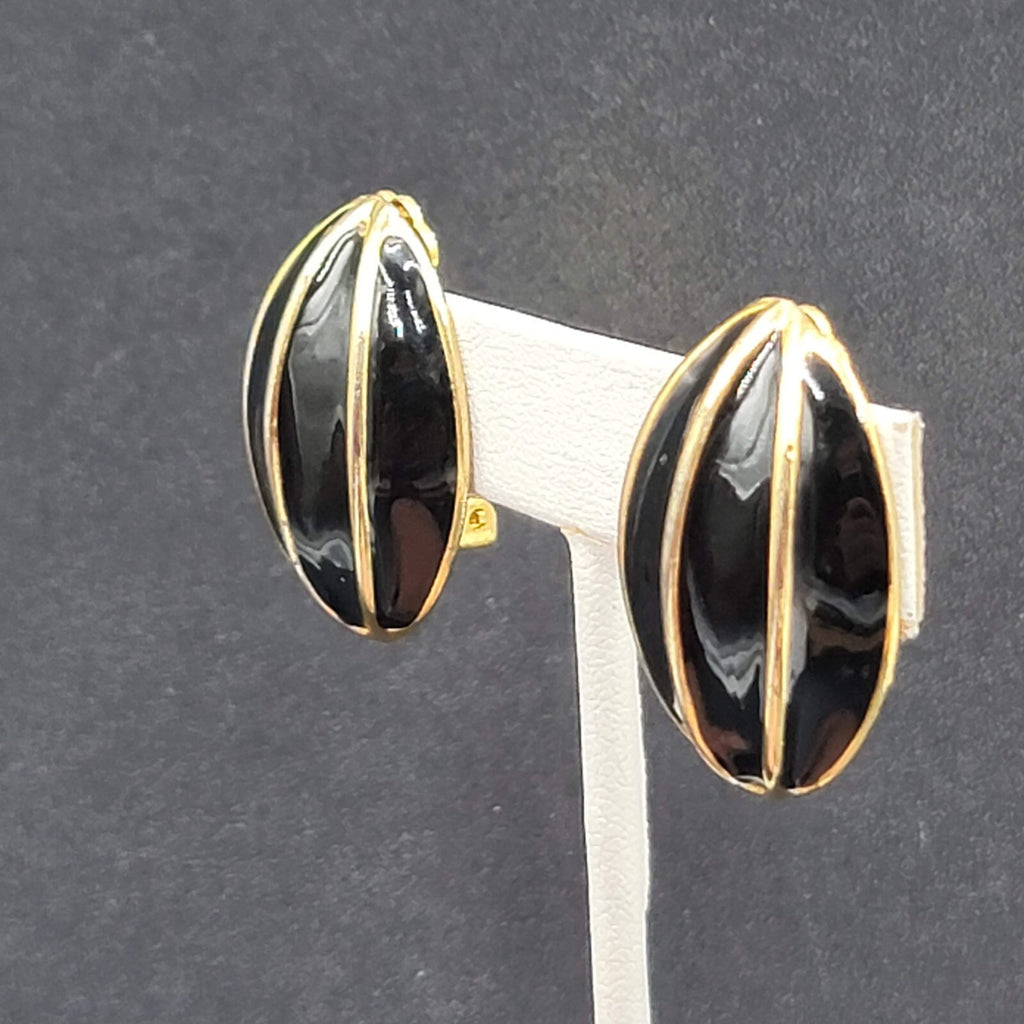 Vintage Clip on Earrings Gold Plated Black Enamel Drop Statement 1.25"