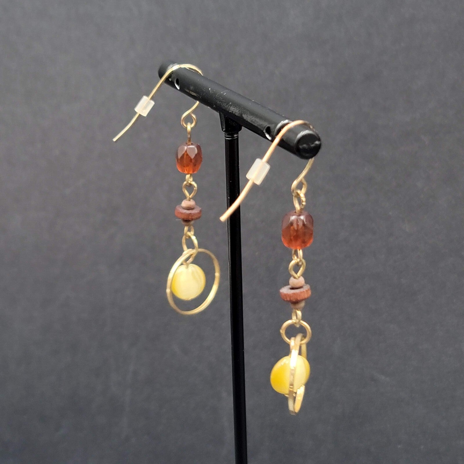 Pierced Earrings Gold tone Beaded Wood Dangle 1.75"