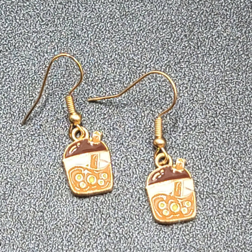 Boba Tea Pierced Earrings Gold tone Coffee Drink Dangle Enamel 1/2"