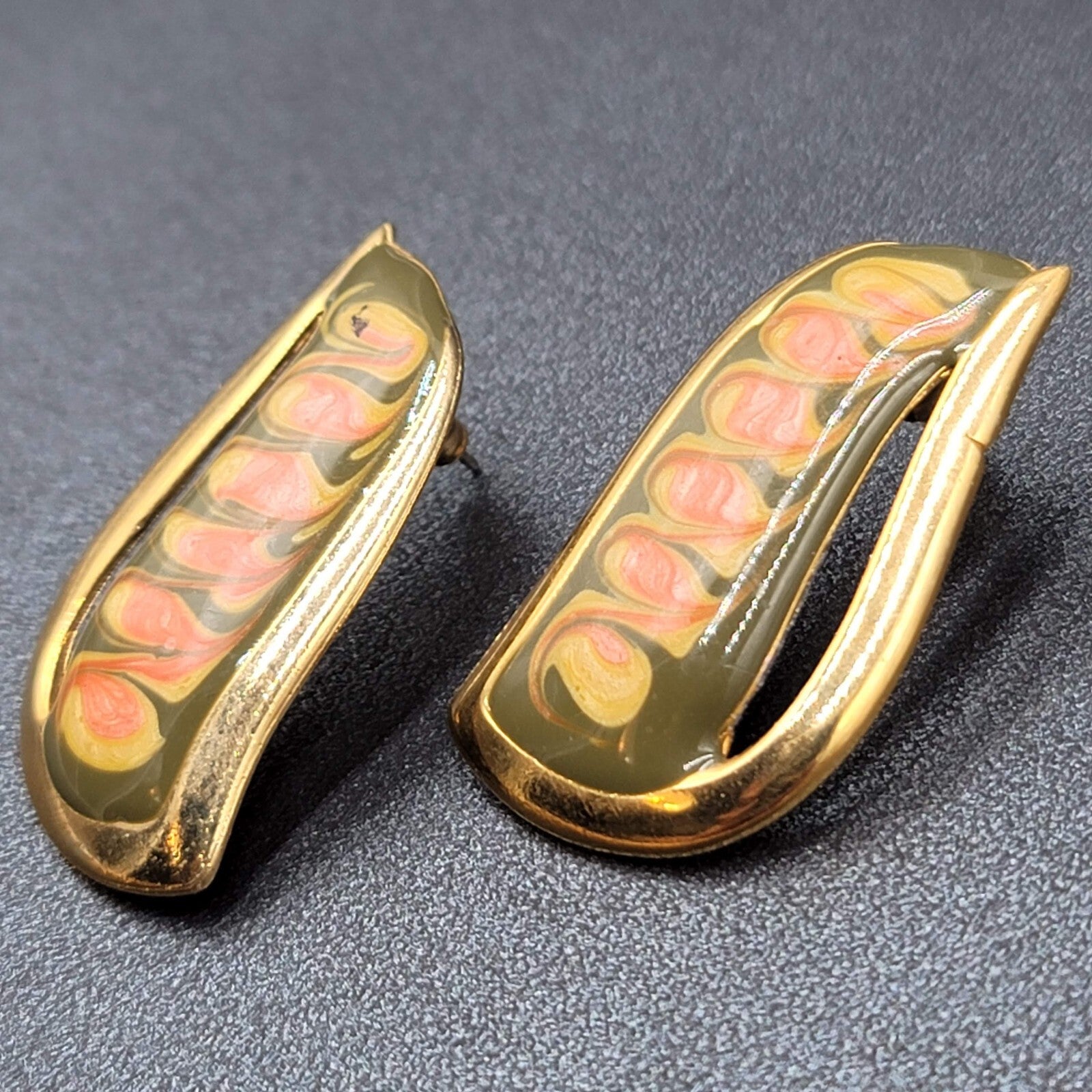 Vintage Pierced Earrings Gold tone Green Pink Enamel Swirl Statement Drop 1.5"