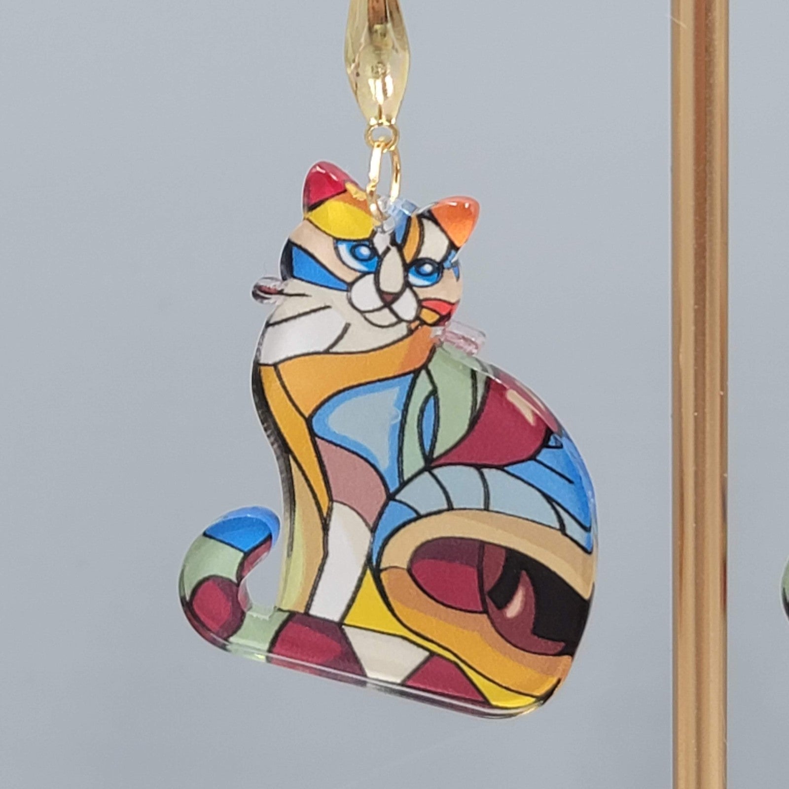 Multicolor Mosiac Kitty Cat Pierced Earrings Acrylic Dangle Gold tone 1.5" long