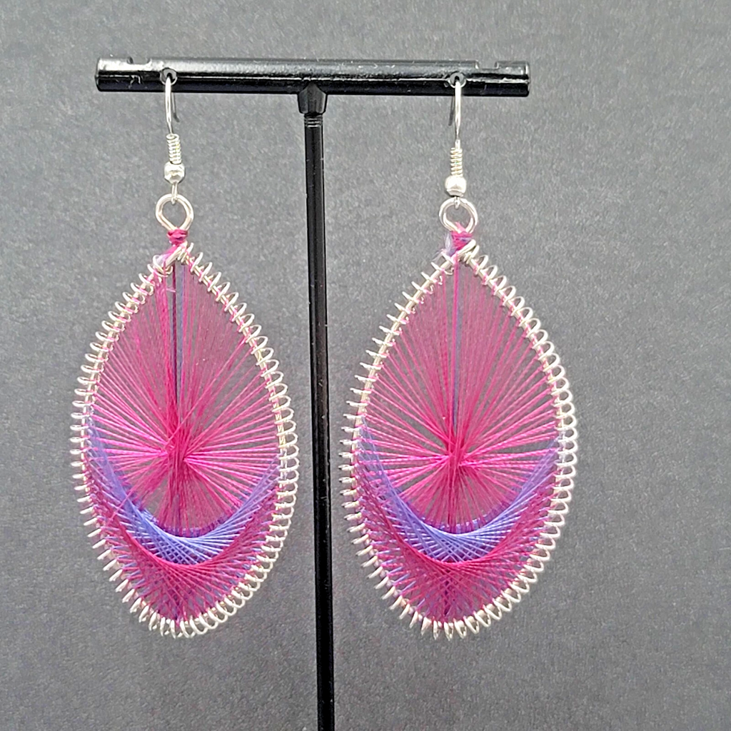 Pierced Earrings Silver tone Pink Purple String Art Dangle 2.5"