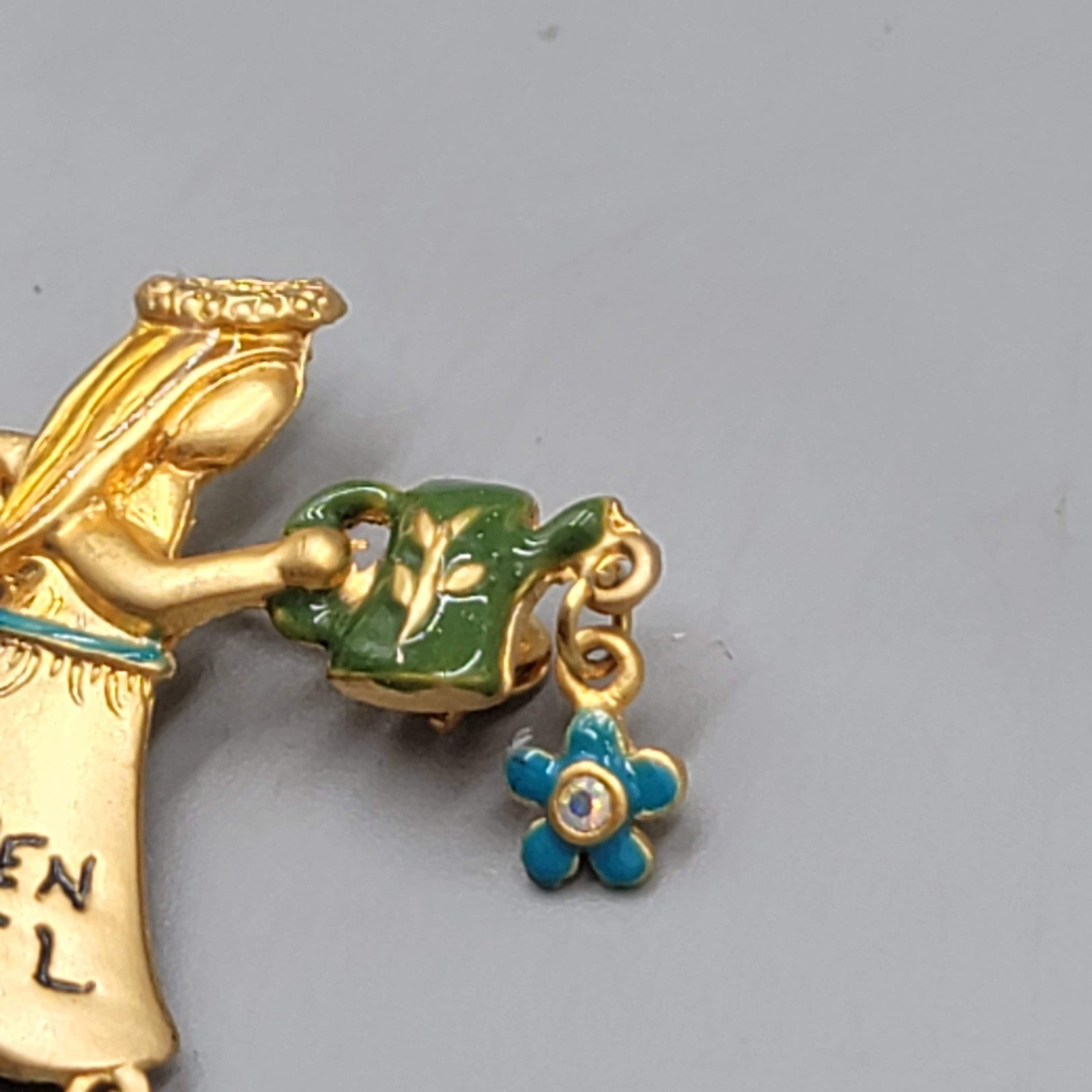 Vintage KC Garden Angel Brooch Gold tone Enamel Flower Rhinestones 1.75 in