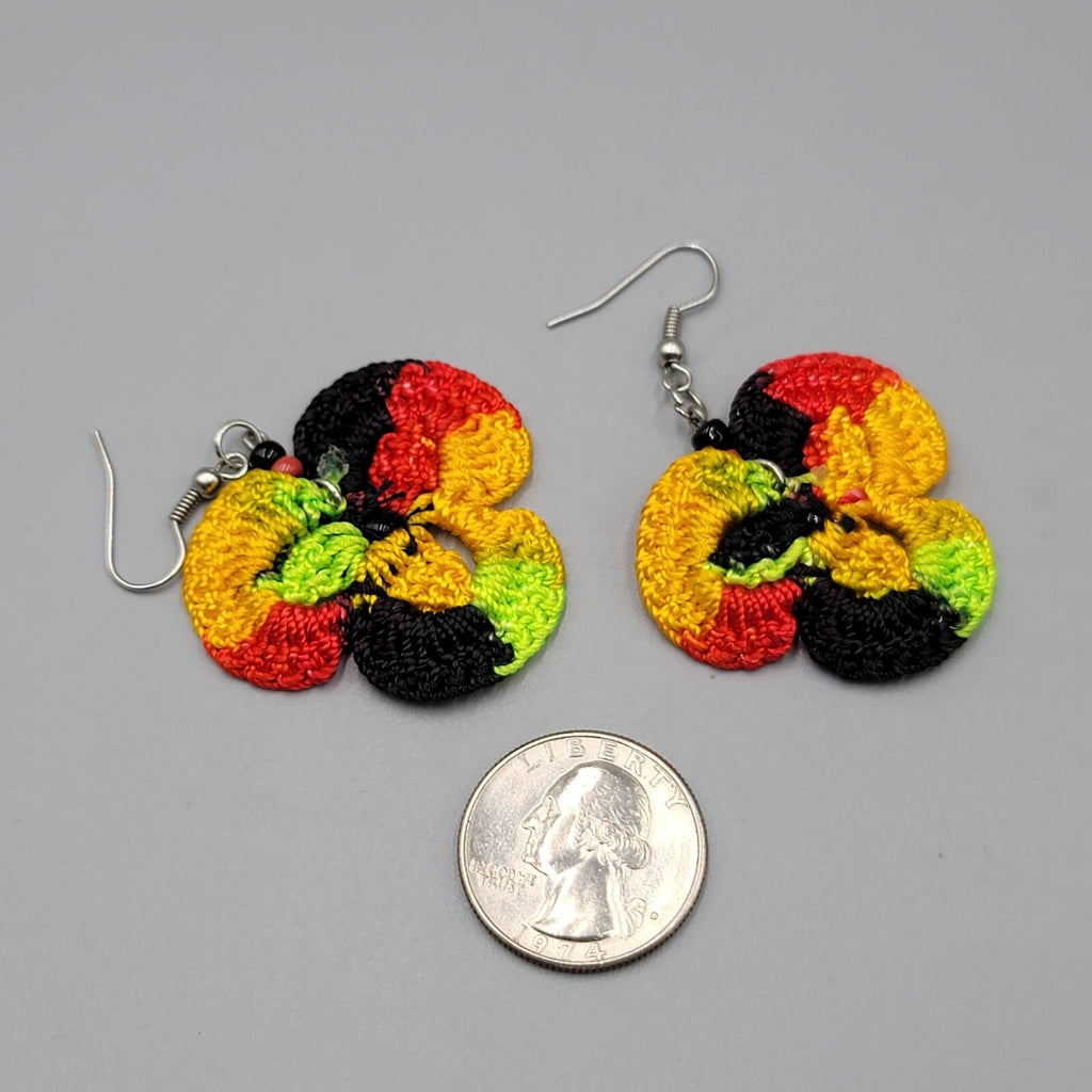 Crochet Pierced Earrings Red Black Yellow Green Dangle 1.5"