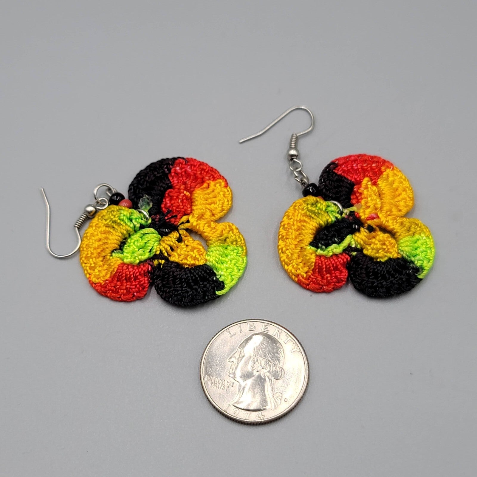 Crochet Pierced Earrings Red Black Yellow Green Dangle 1.5"