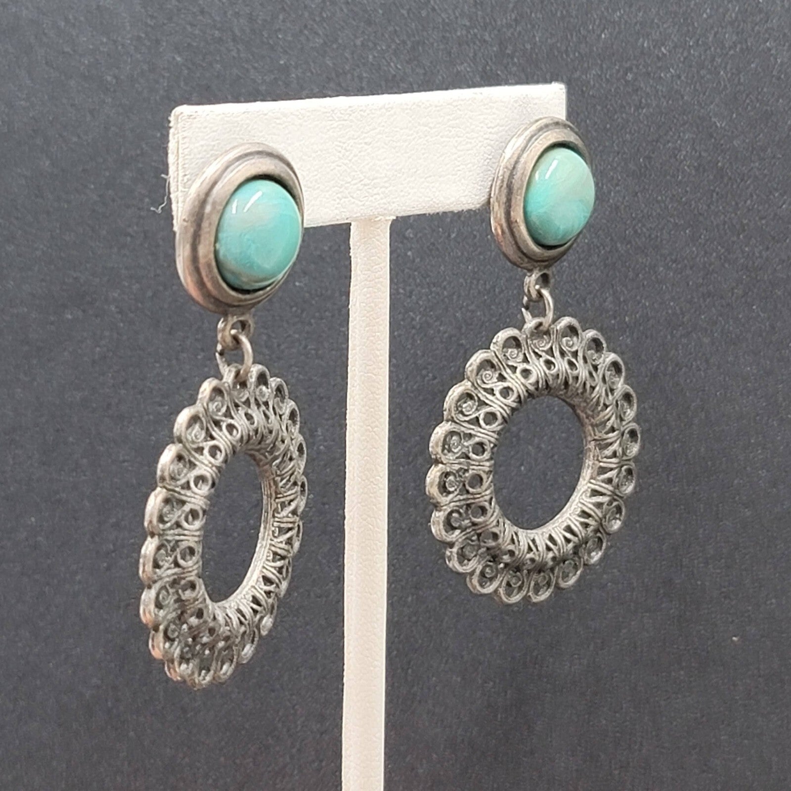 Pierced Earrings Silver tone Faux Acrylic Turquoise Dangle 2 3/8"