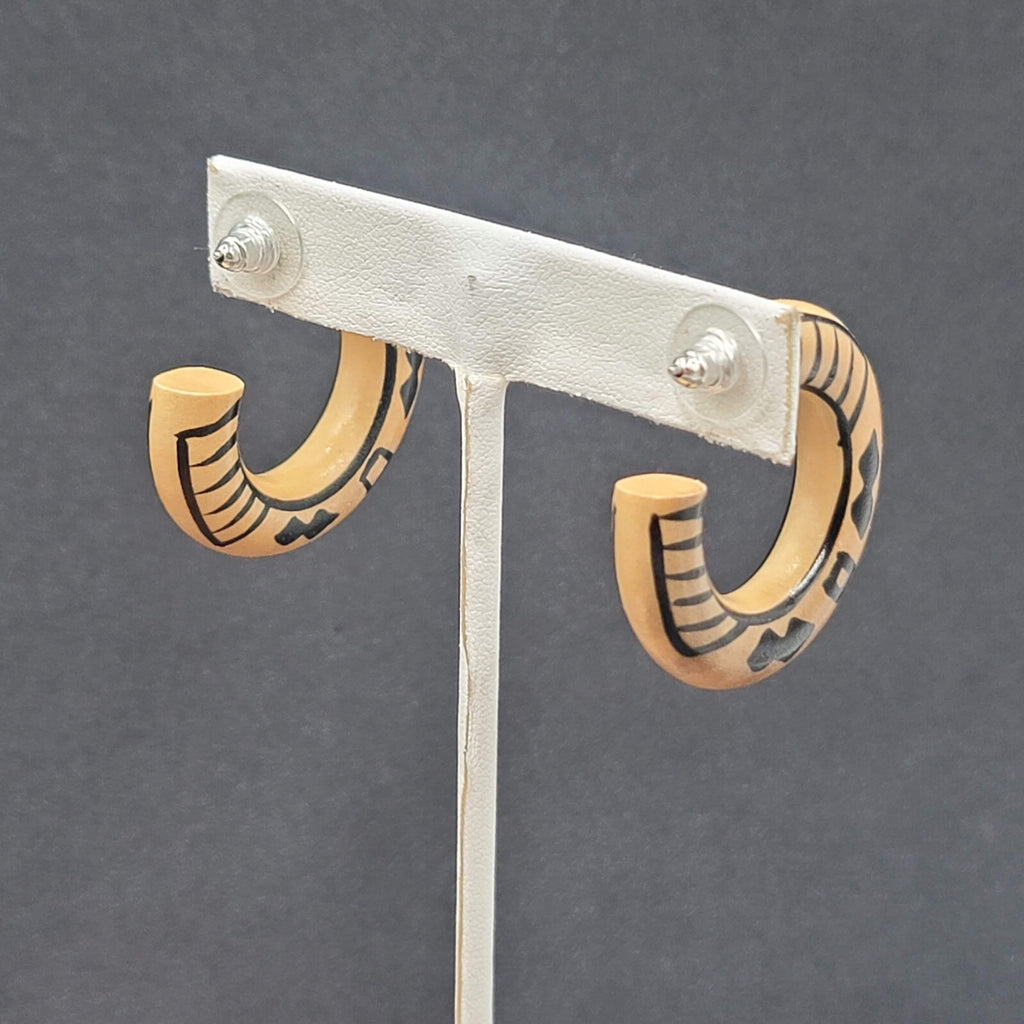 Vintage Pierced Earrings Wood Hoops Hand Painted Black 1 3/8"