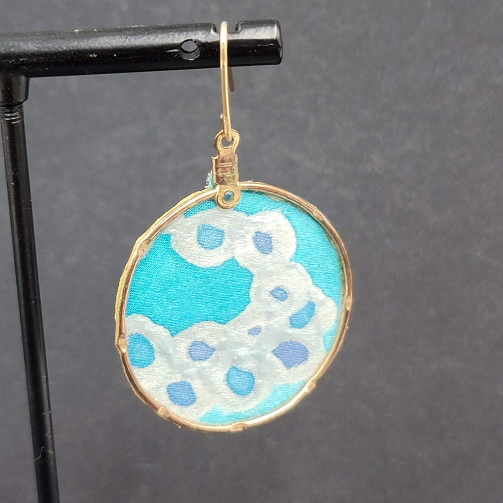 Pierced Earrings Hand Painted Silk Dangle Gold tone 1 3/8"
