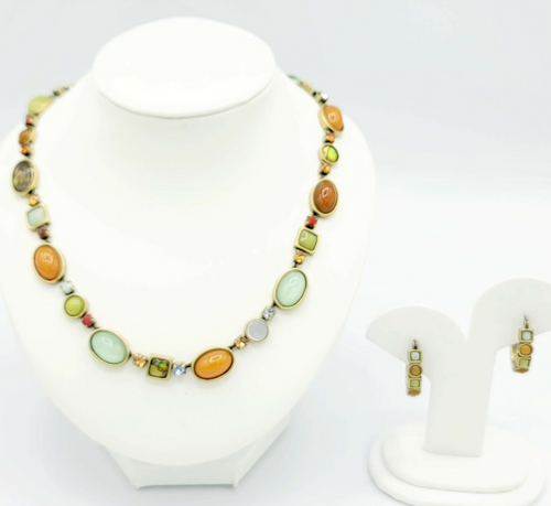 Brushed Goldtone Necklace Hoop Pierced Earrings Set Signed Unknown Mark Modern