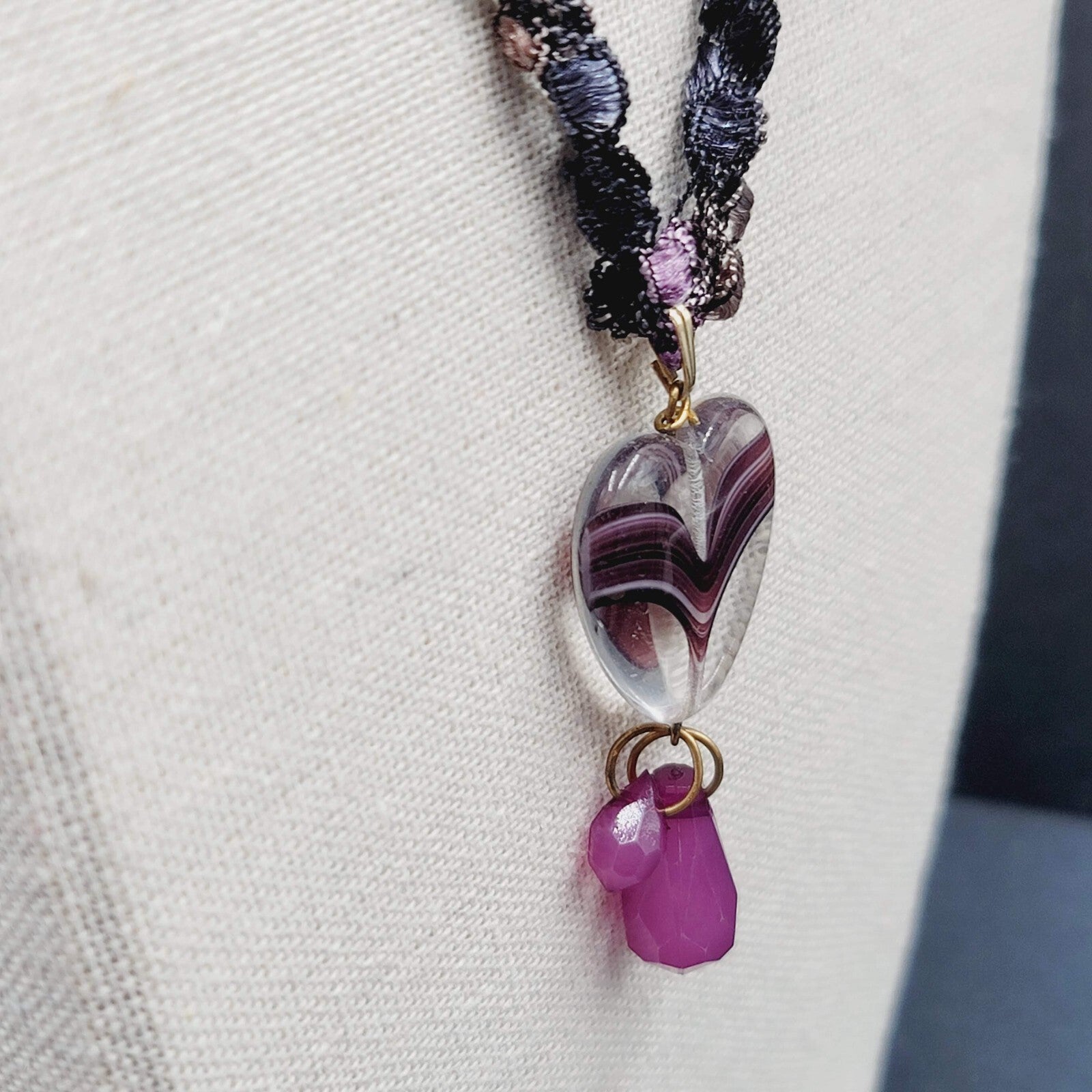 Purple Necklace Art Glass Heart Pendant 20"