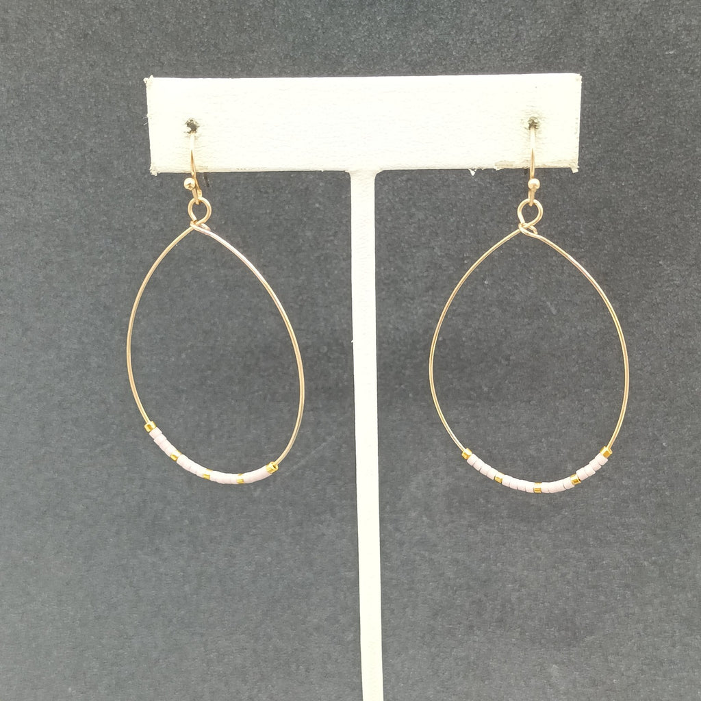 Pierced Earrings Gold tone Teardrop Wire Loop Lavender Seed Bead Dangle 1 3/4"