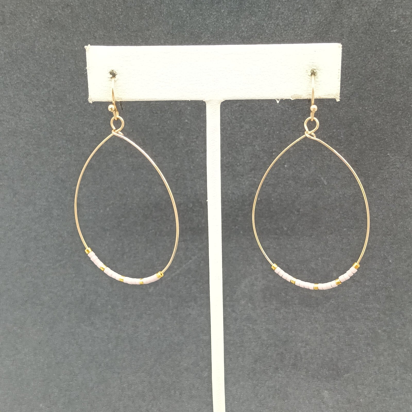 Pierced Earrings Gold tone Teardrop Wire Loop Lavender Seed Bead Dangle 1 3/4"