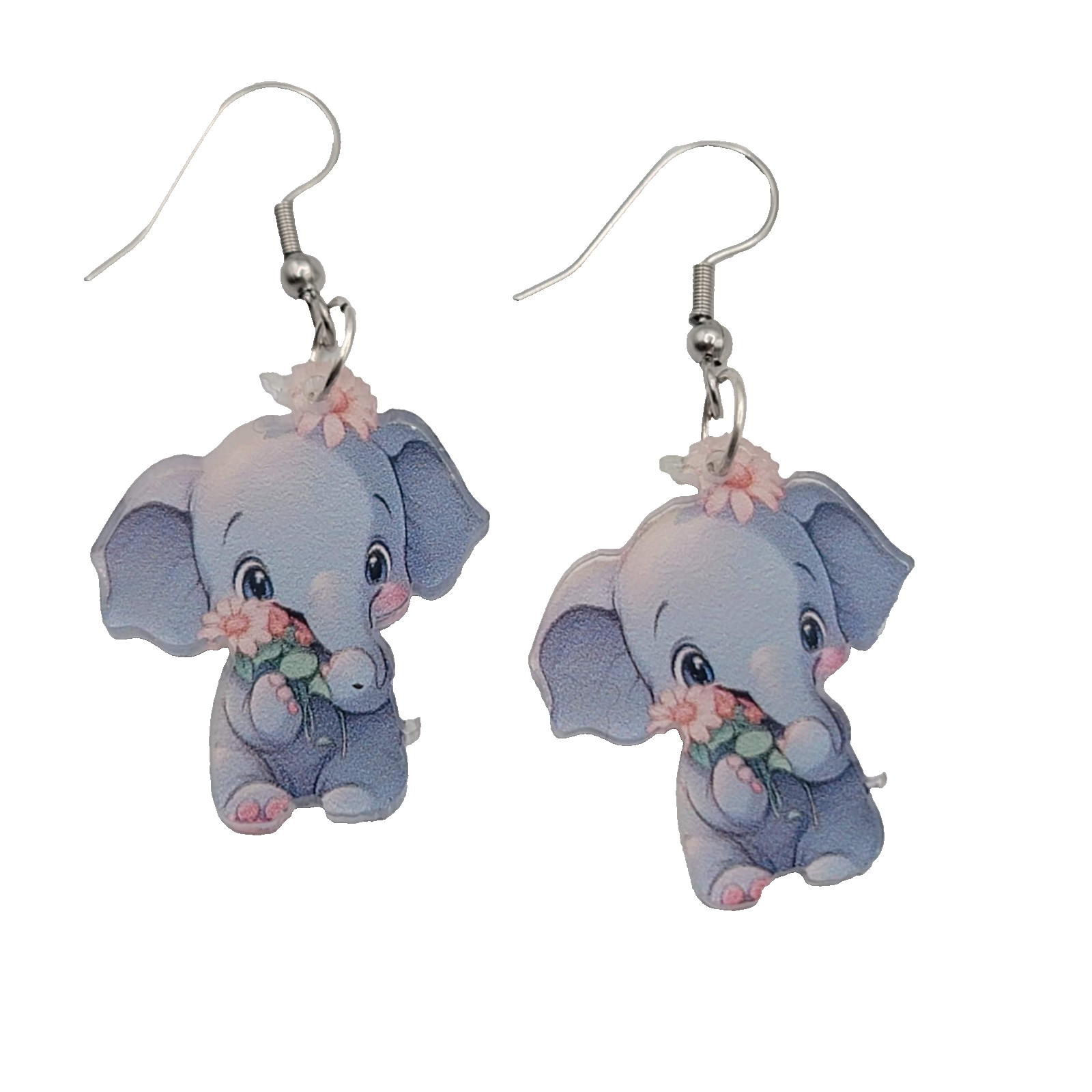 Elephant Pierced Earrings Acrylic Silver tone Dangle  1.25 in