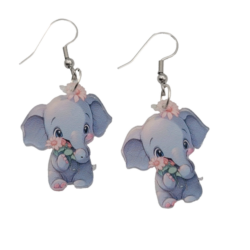 Elephant Pierced Earrings Acrylic Silver tone Dangle  1.25 in