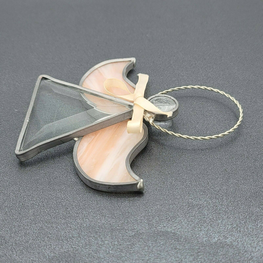 Stained Glass Angel Figurine Ornament 5" x 4 5/8" Sun catcher Peach Pink Wings