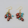 Wood Bead Pierced Earrings Gold tone Blue Bead Dangle 1.25"