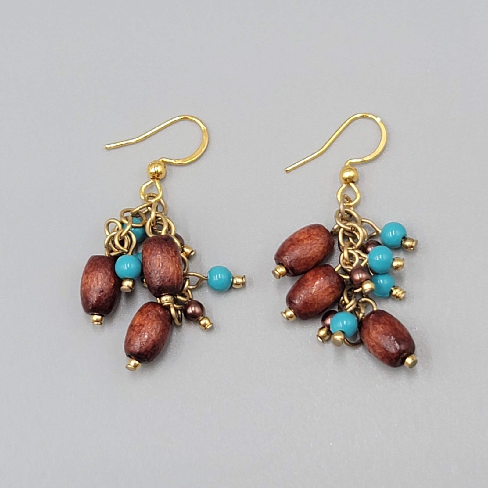 Wood Bead Pierced Earrings Gold tone Blue Bead Dangle 1.25"