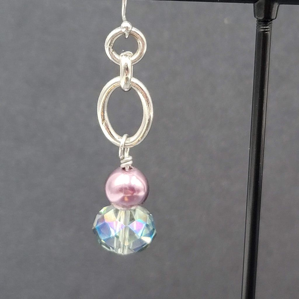 Pierced Earrings Silver tone Blue Crystal Pearl Beaded Dangle 1.75"