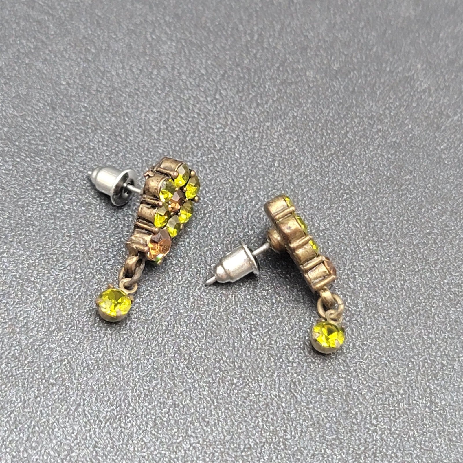 Flower Pierced Earrings Bronze tone Green Brown Crystal Dangle 3/4"
