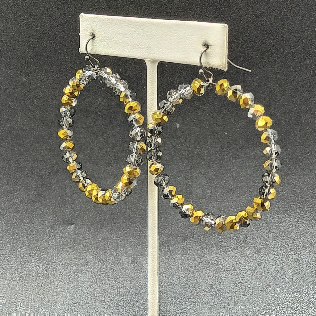 Pierced Earrings Bronze tone Faceted Glass Beaded Hoop Dangle 2"