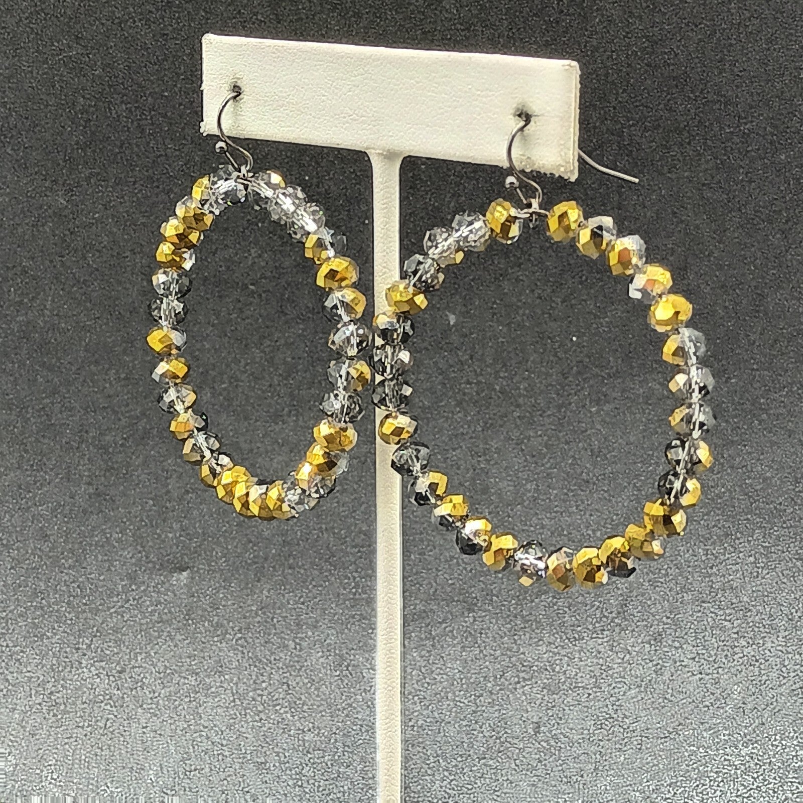 Pierced Earrings Bronze tone Faceted Glass Beaded Hoop Dangle 2"