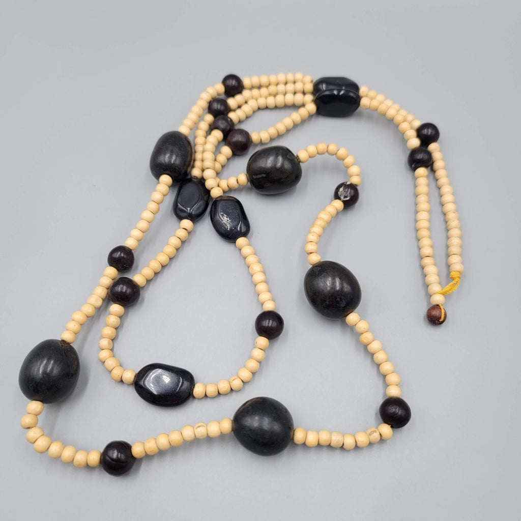KuKui Nut Lei Necklace Wood Beads Double Strand Long 32"