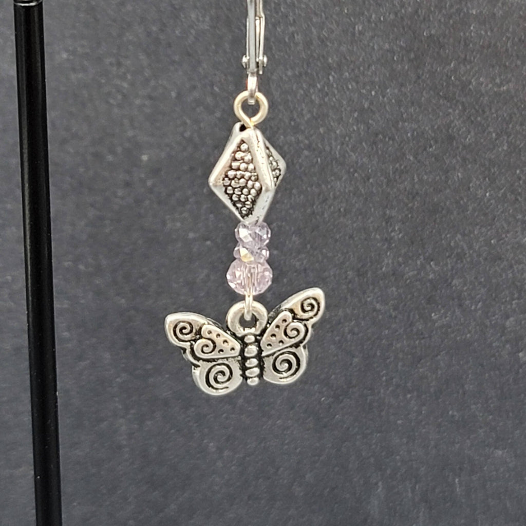 Butterfly Pierced Earrings Silver tone Purple Crystal Bead Dangle 1.25"