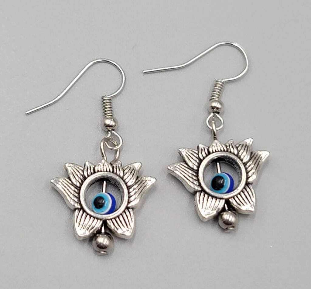 Lotus Flower Evil Eye Pierced Earrings Silver tone Blue Bead Dangle 3/4"