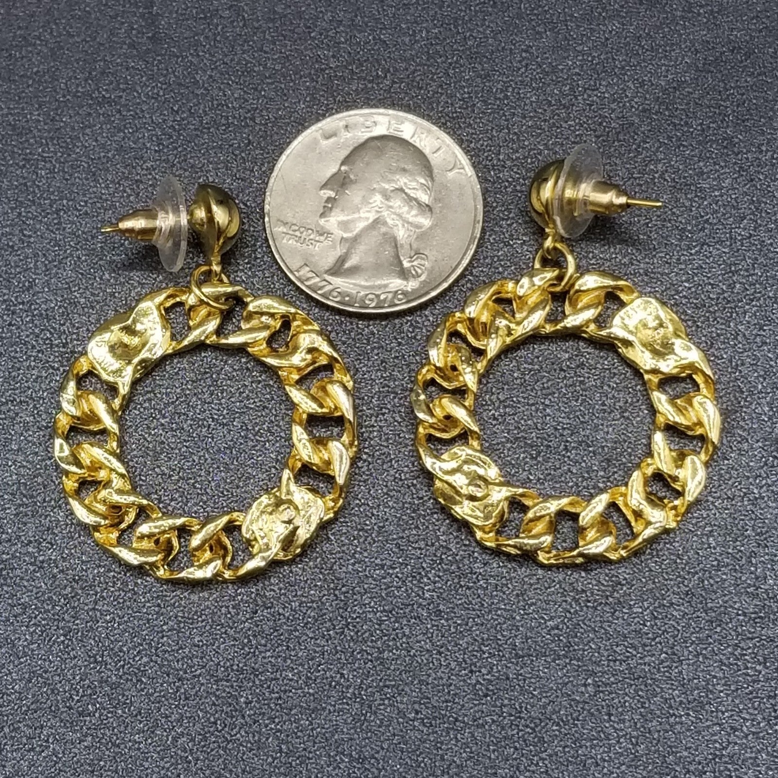 Pierced Earrings Gold tone Crystal Chain Link Open Ring Statement Dangle 1 3/4"