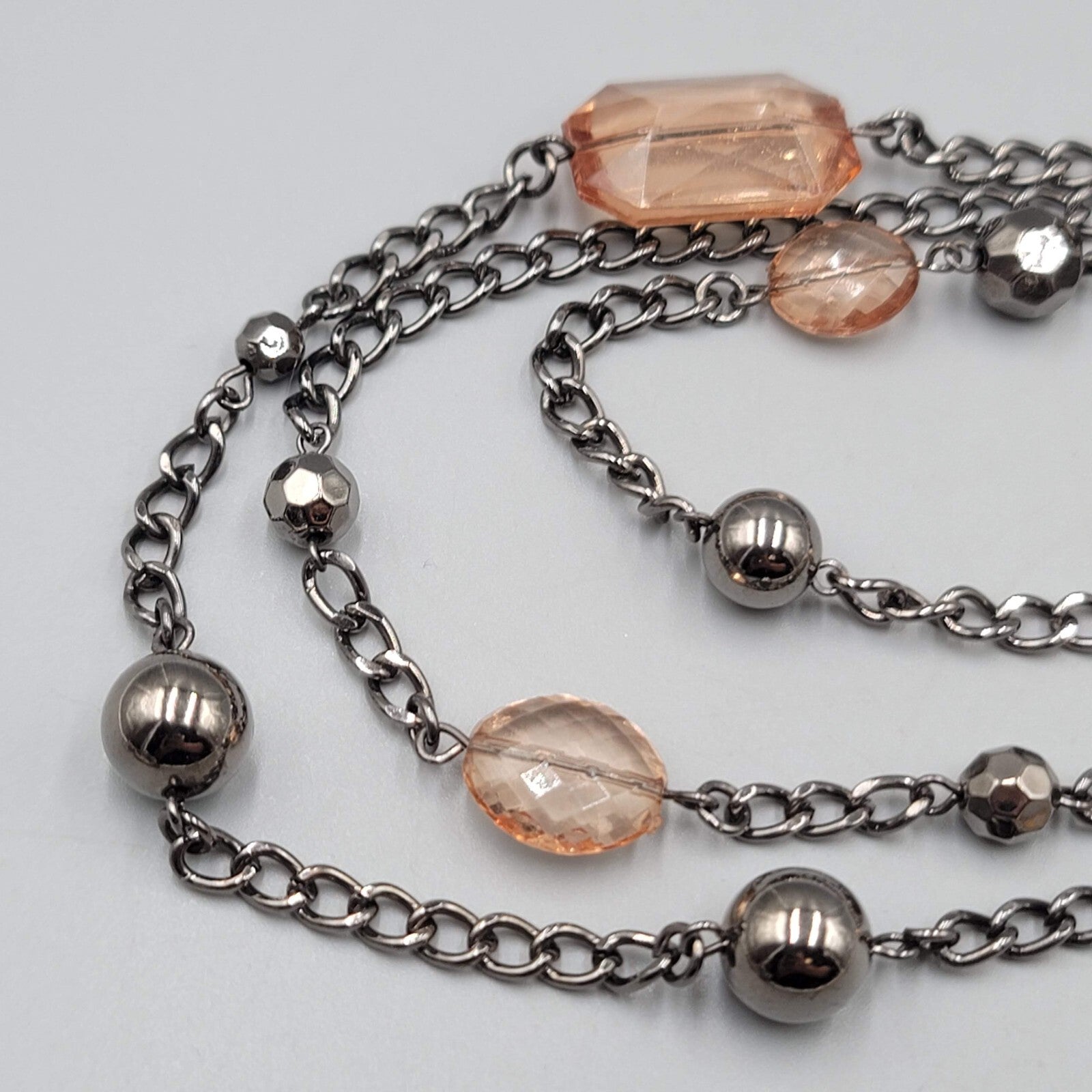 Black Metal Necklace Triple Chain Layered Long Peach Beads 30"