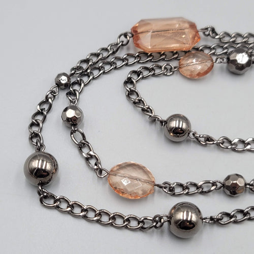 Black Metal Necklace Triple Chain Layered Long Peach Beads 30"