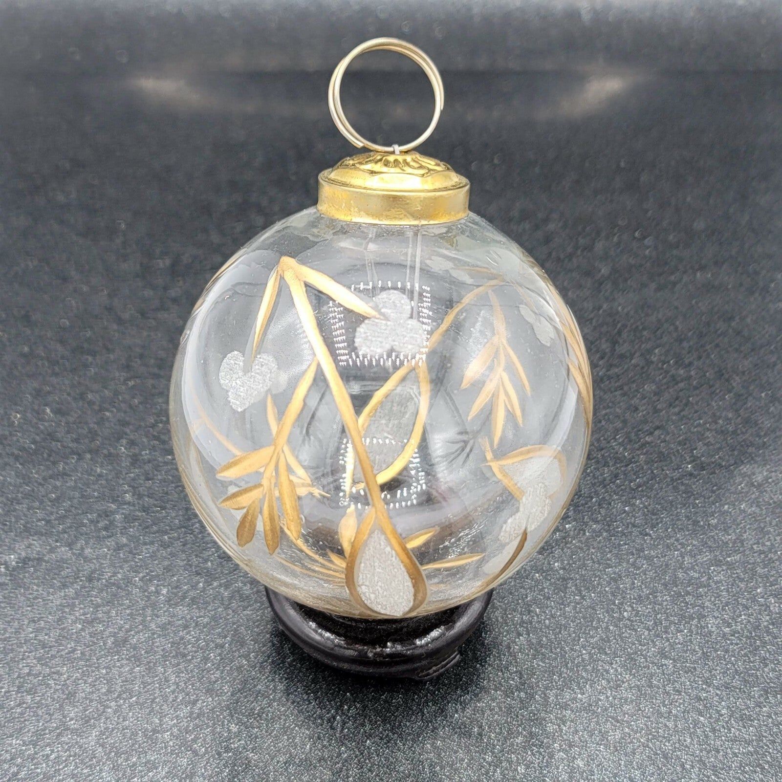 Vintage Kugel Style Etched Design Christmas Ornament 3 in Clear & Gold