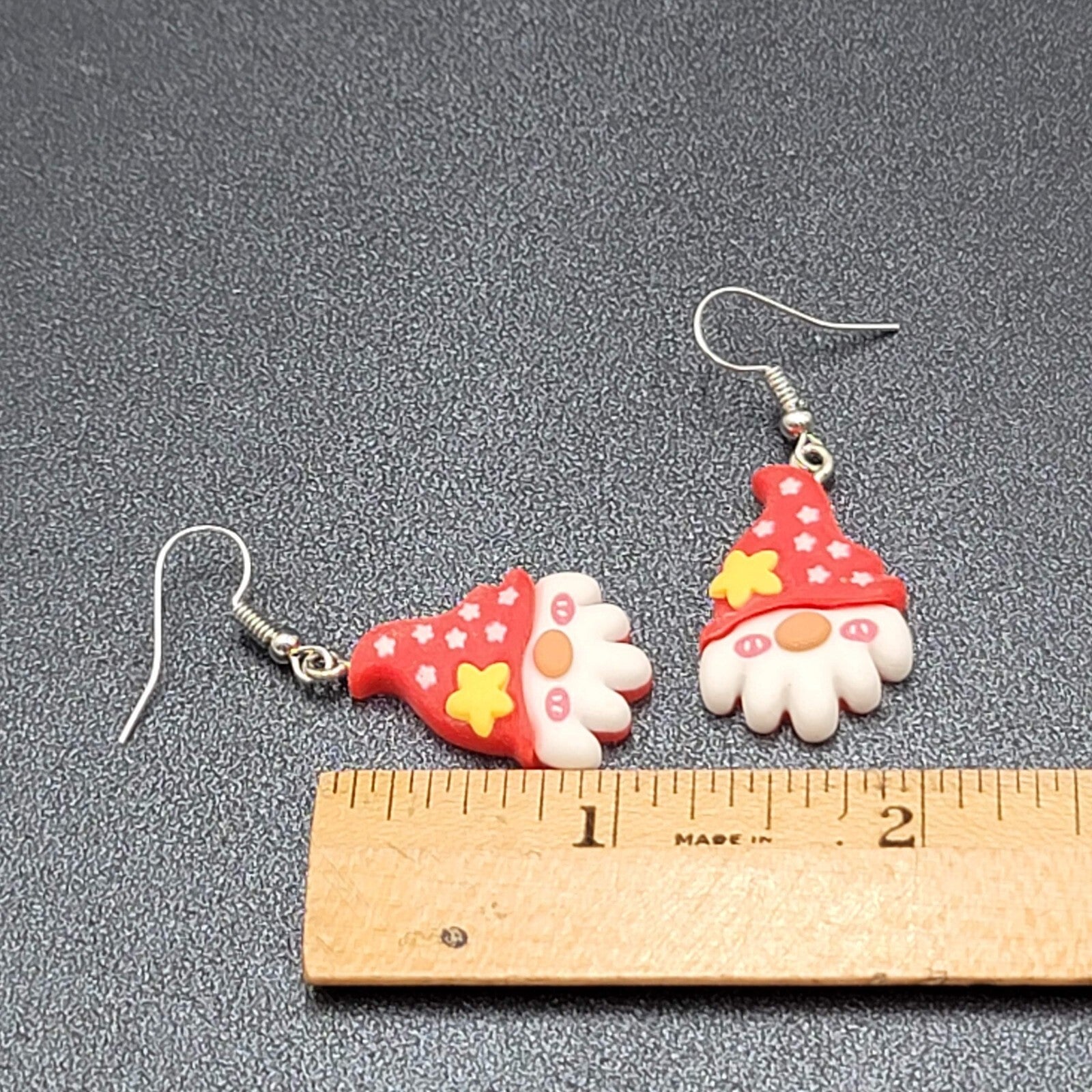 Gnome Christmas Pierced Earrings Puffy 3D Dangle 1 1/8"
