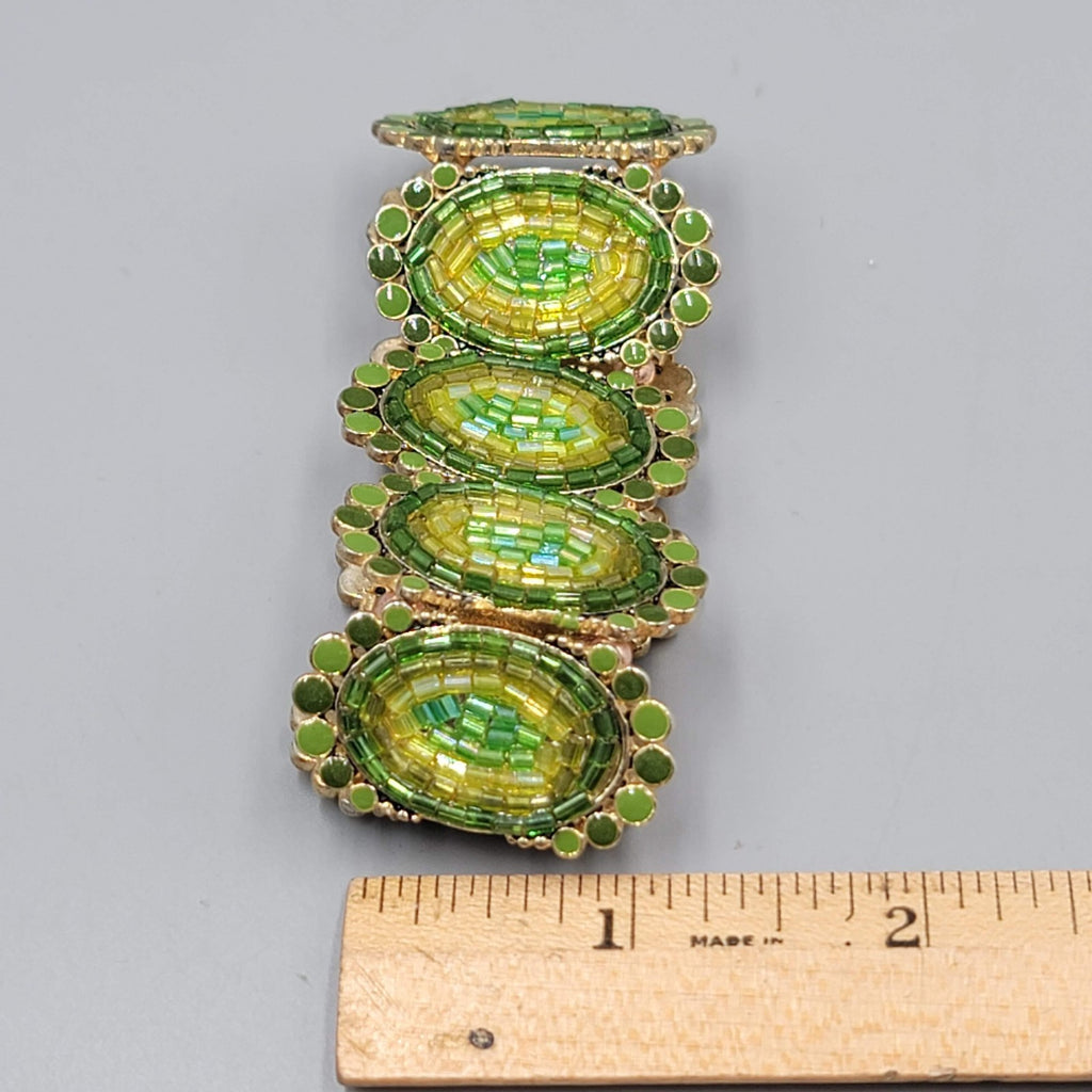 Green Seed Bead Panel Elastic Bracelet Gold tone 6"