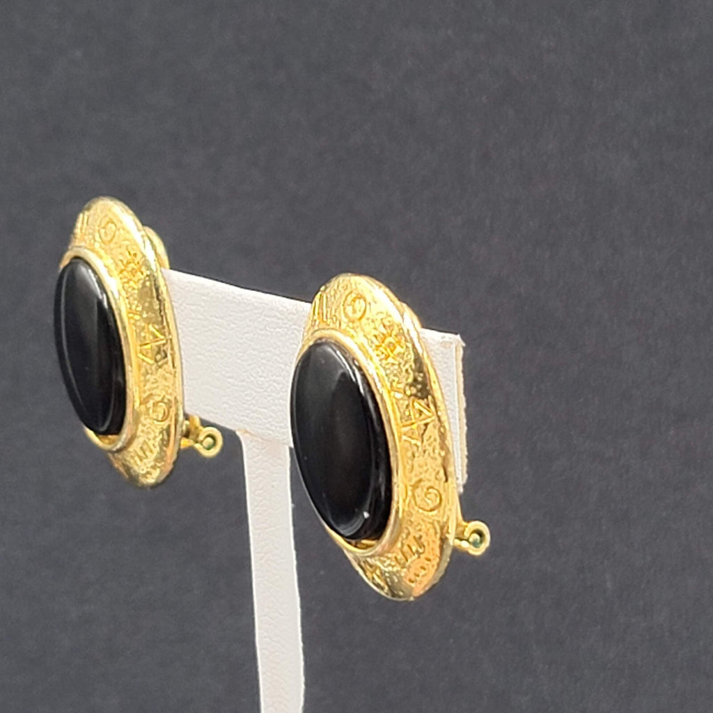 Vintage Runes Clip on Earrings Gold Plated Black Oval 1 1/8"