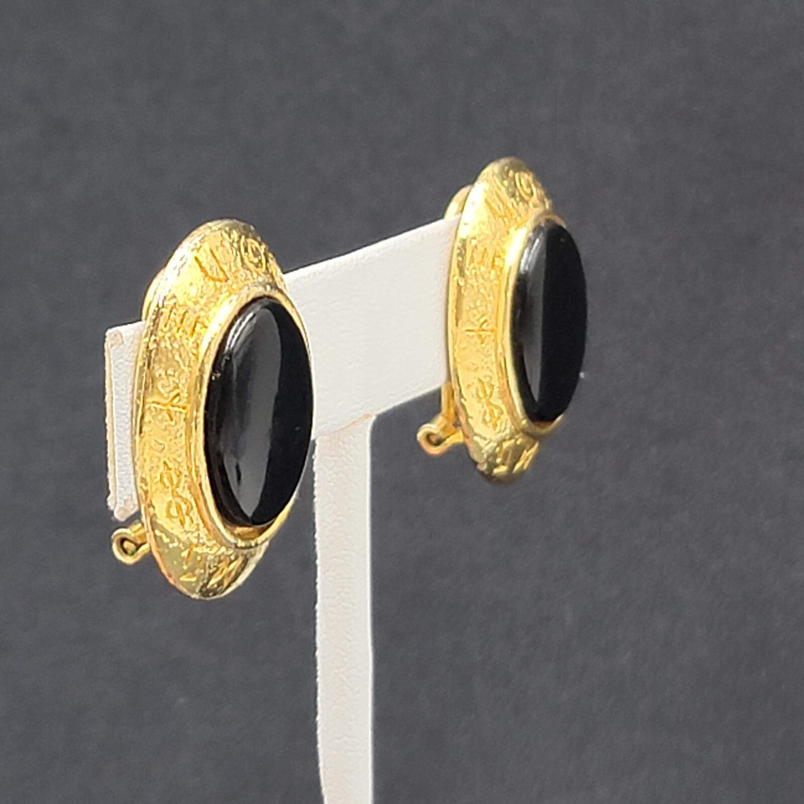 Vintage Runes Clip on Earrings Gold Plated Black Oval 1 1/8"