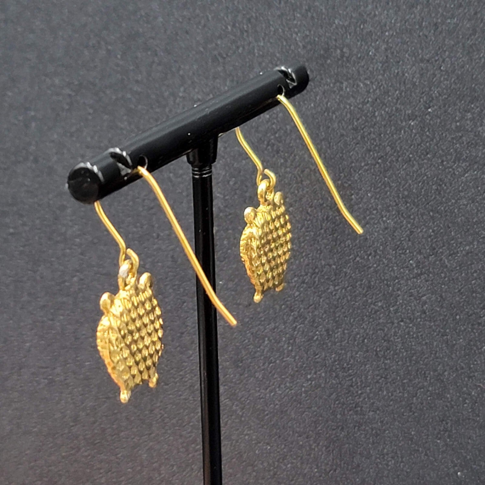 Pierced Earrings Gold tone Embossed Owl Dangle 5/8"