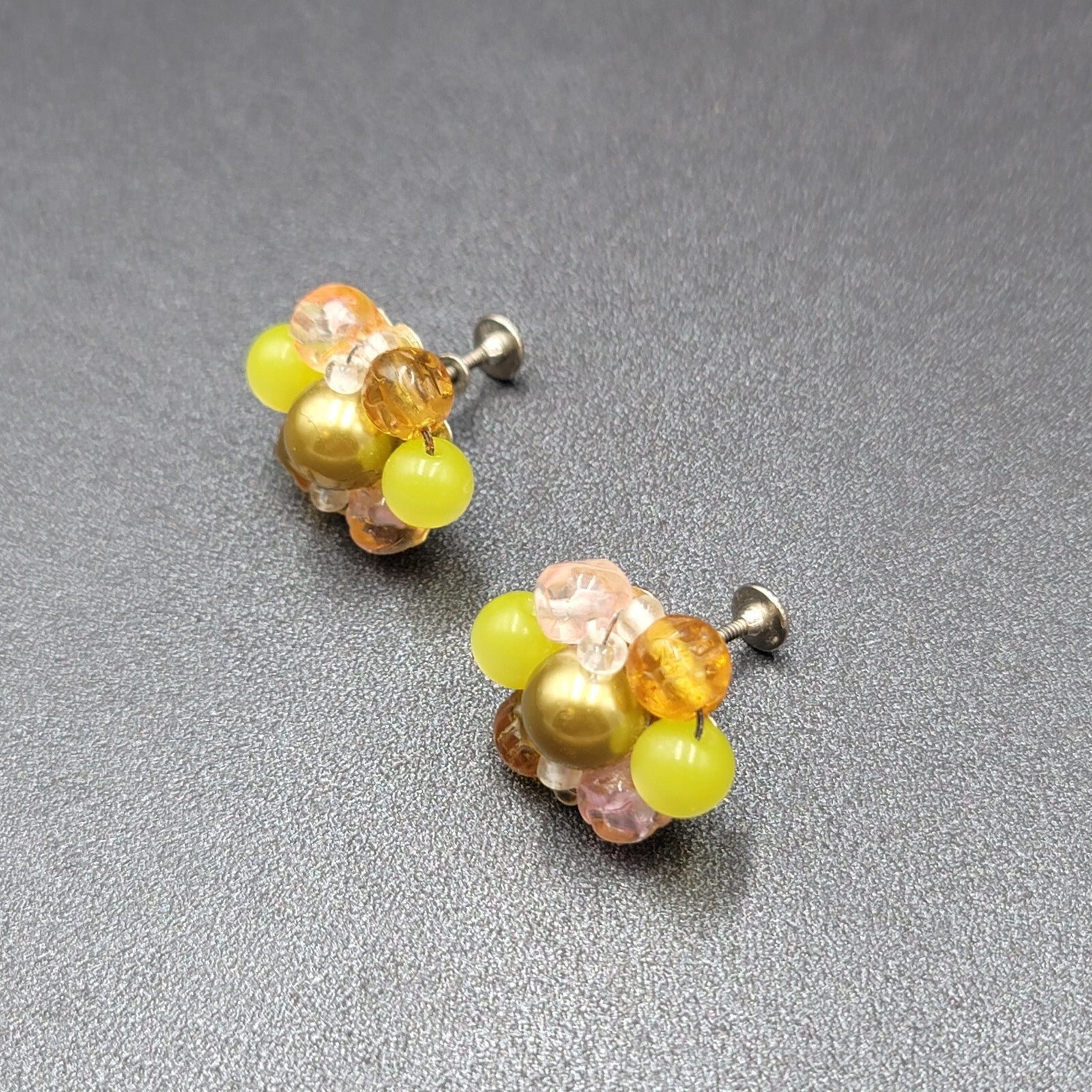 Vintage Clip on Earrings Yellow Green Pink Acrylic Cluster Bead Studs 1"