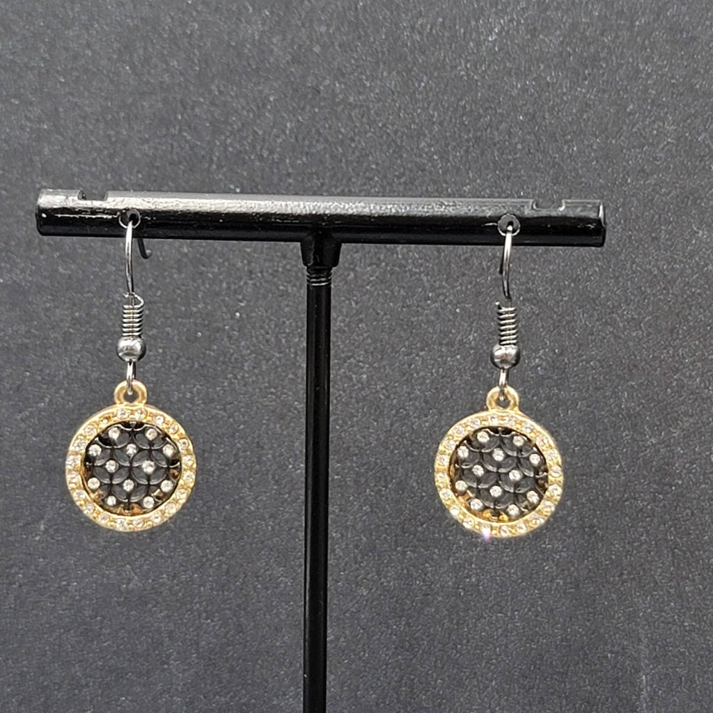 Pierced Earrings Black Metal Gold tone Crystal Round Open Work Dangle 5/8"