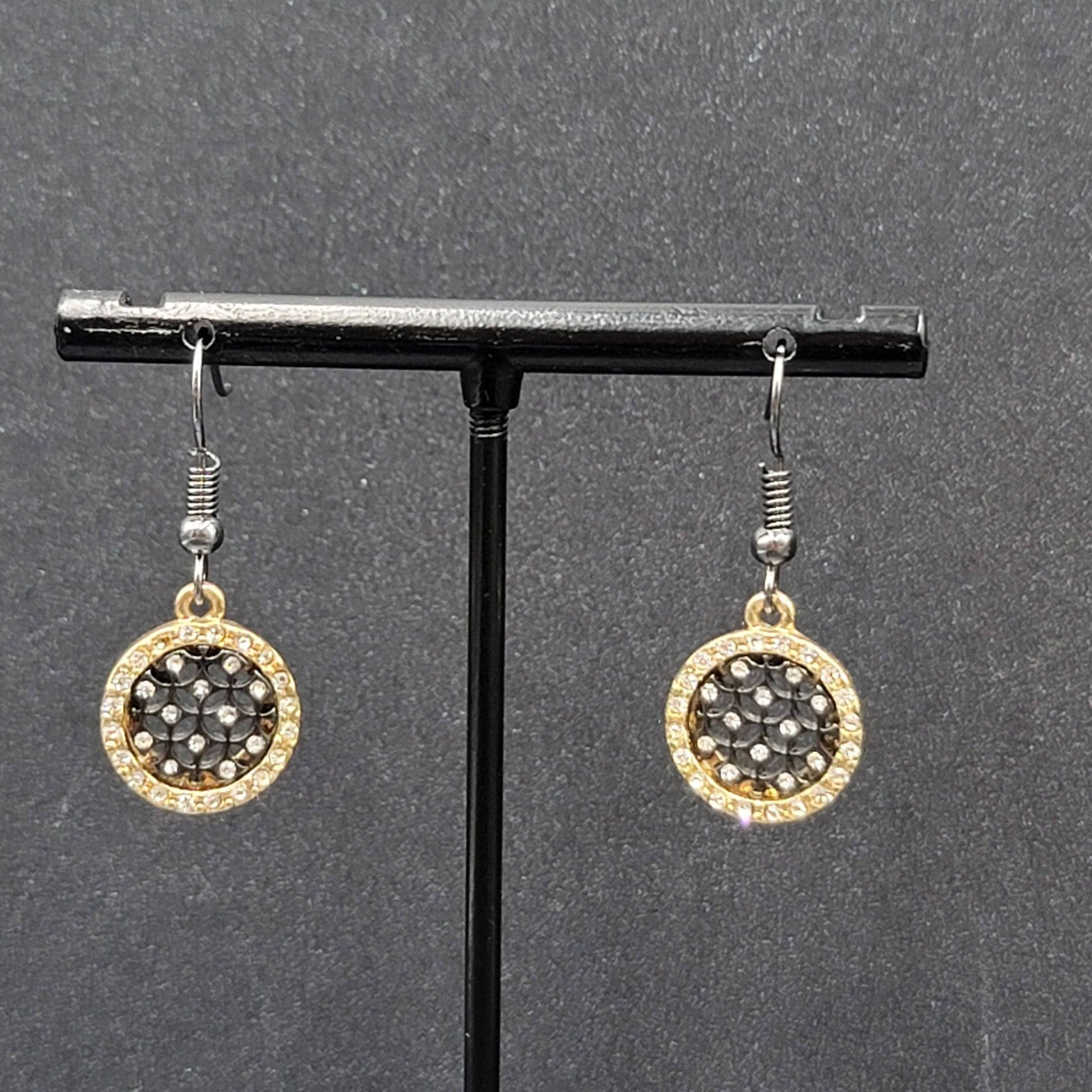 Pierced Earrings Black Metal Gold tone Crystal Round Open Work Dangle 5/8"